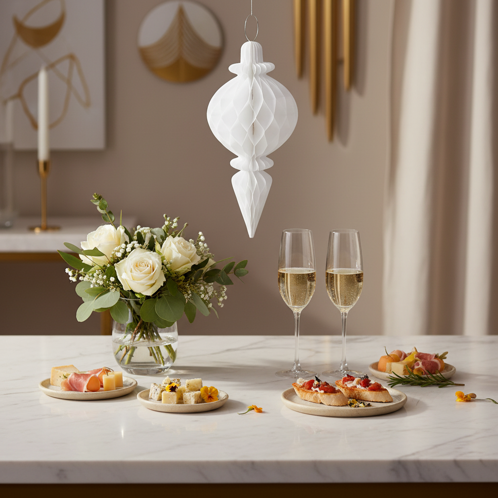 Pampille blanche sur marbre avec champagne