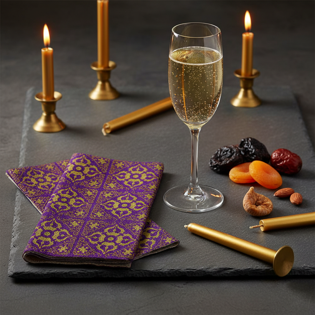 Serviette Paviot Orient gold-violet sur ardoise apéritive avec champagne et bougies dorées