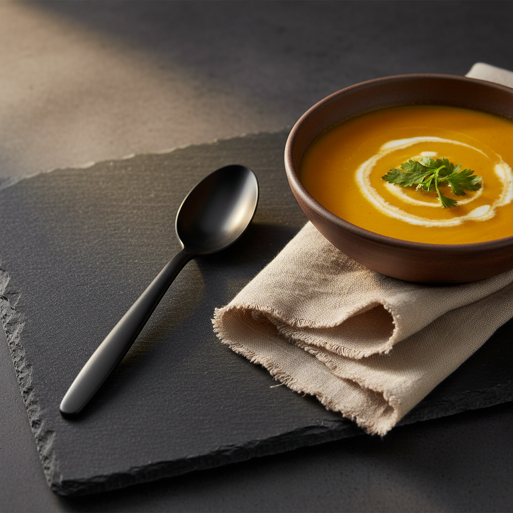 Cuillère CPLA noire mat sur ardoise avec bol de soupe et serviette lin