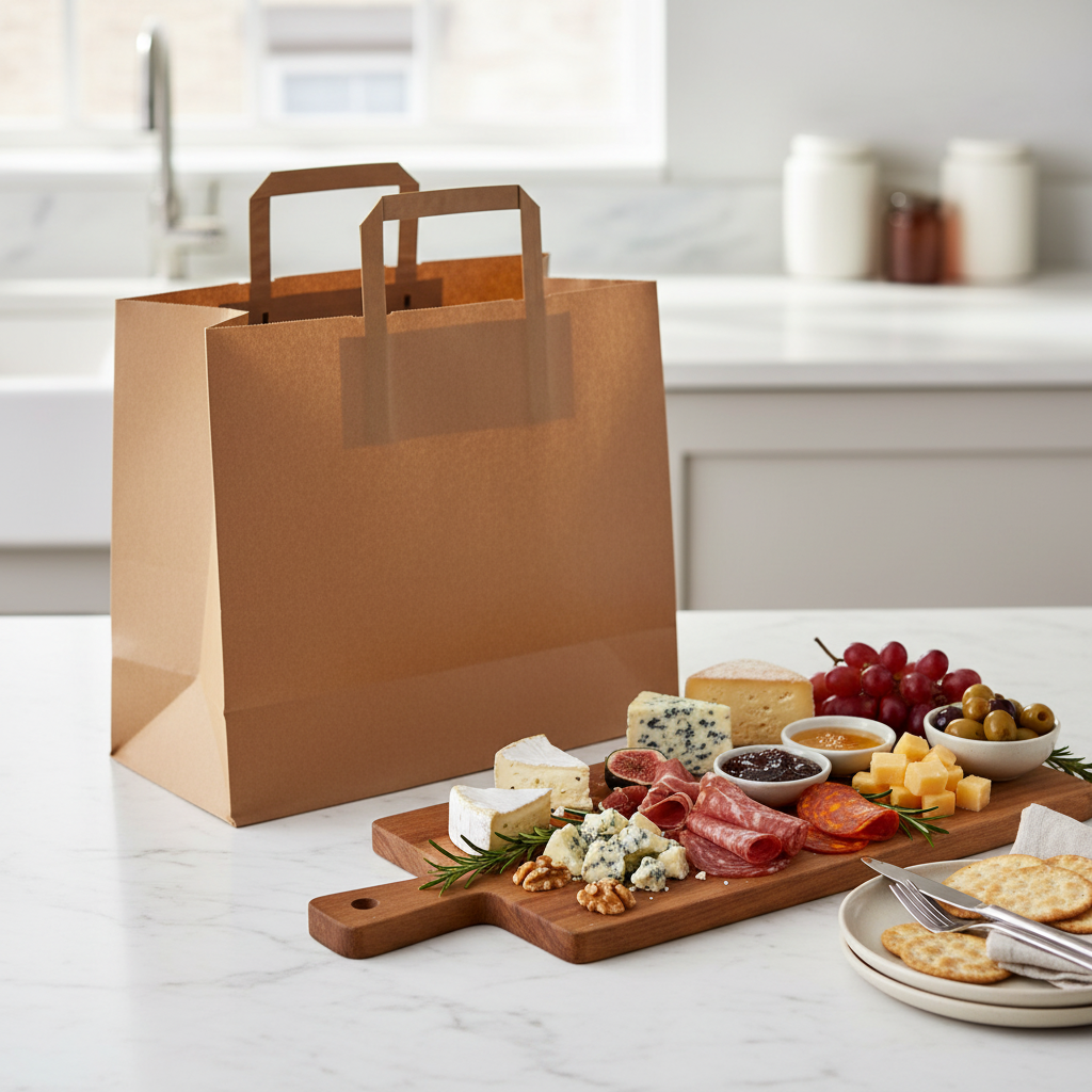Sac cabas kraft brun 32x22x26 cm sur marbre blanc avec apéritif sophistiqué