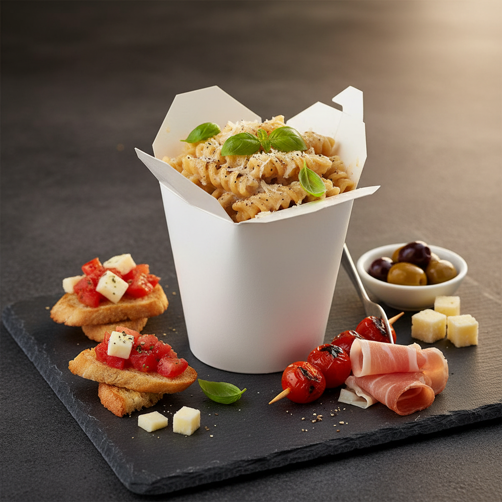Boîte à pâtes en carton blanc 480 ml sur ardoise avec apéritif élégant