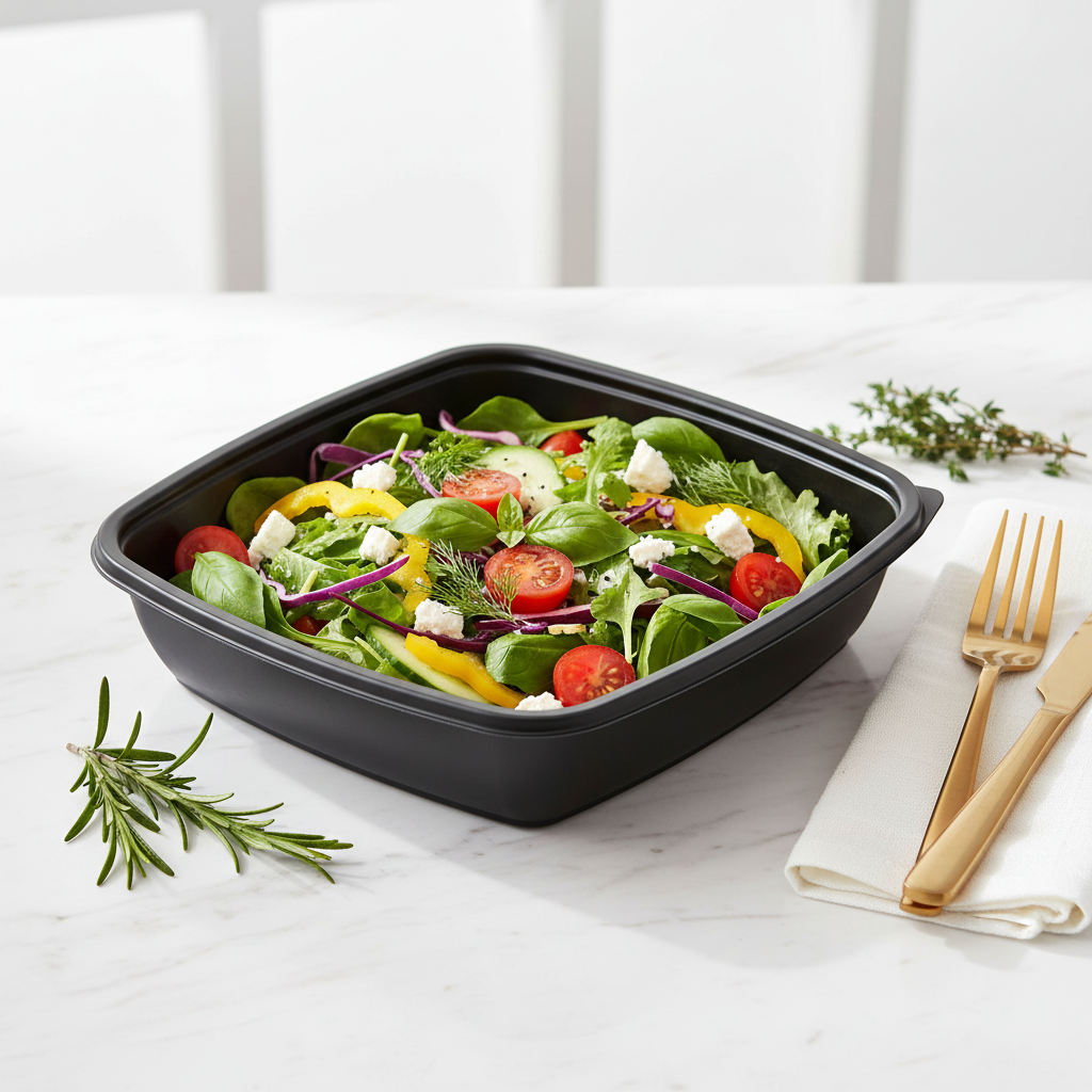 Barquette rectangulaire noire – mise en situation sur marbre avec salade