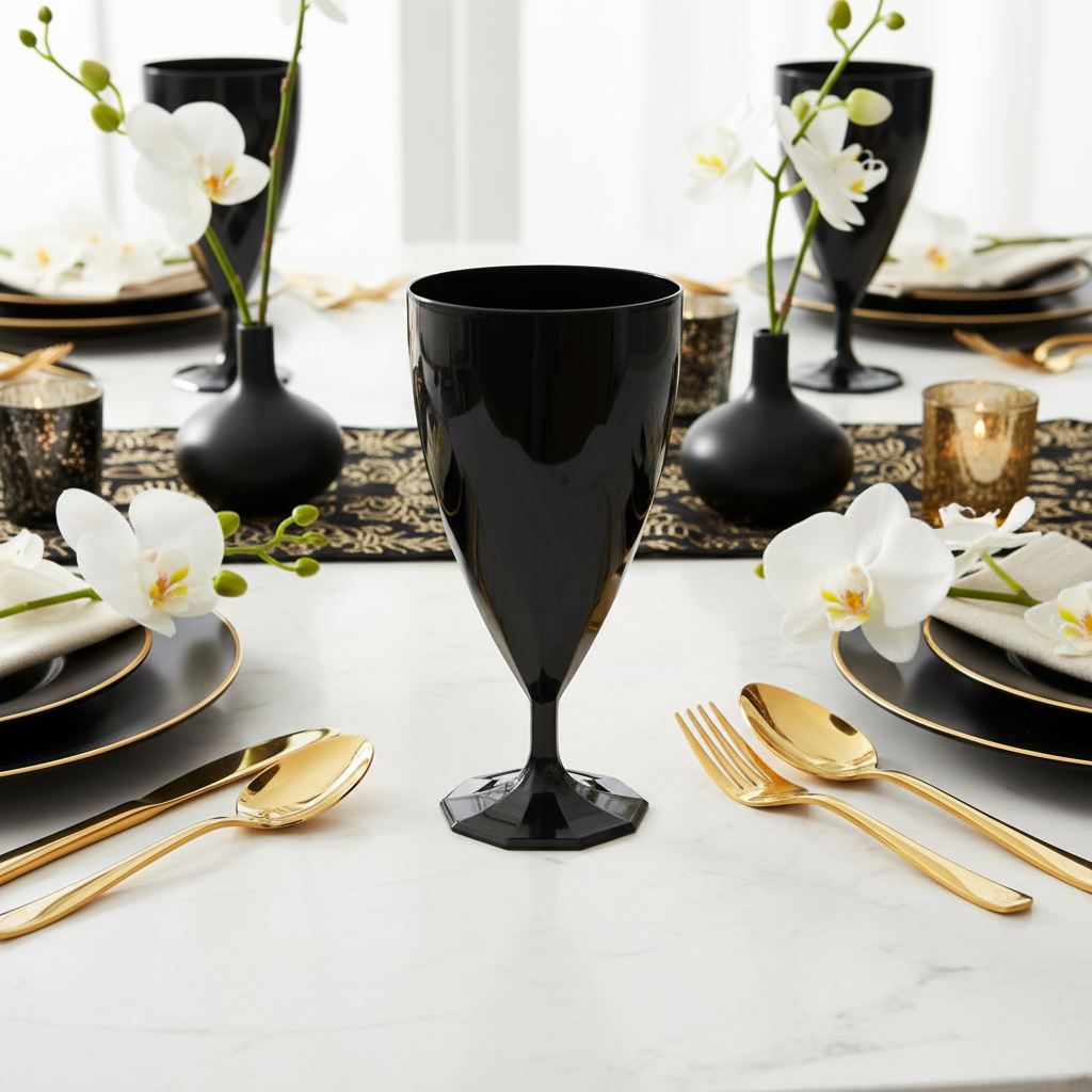 Verre noir ébène torsadé sur marbre blanc décoration mariage noir et or