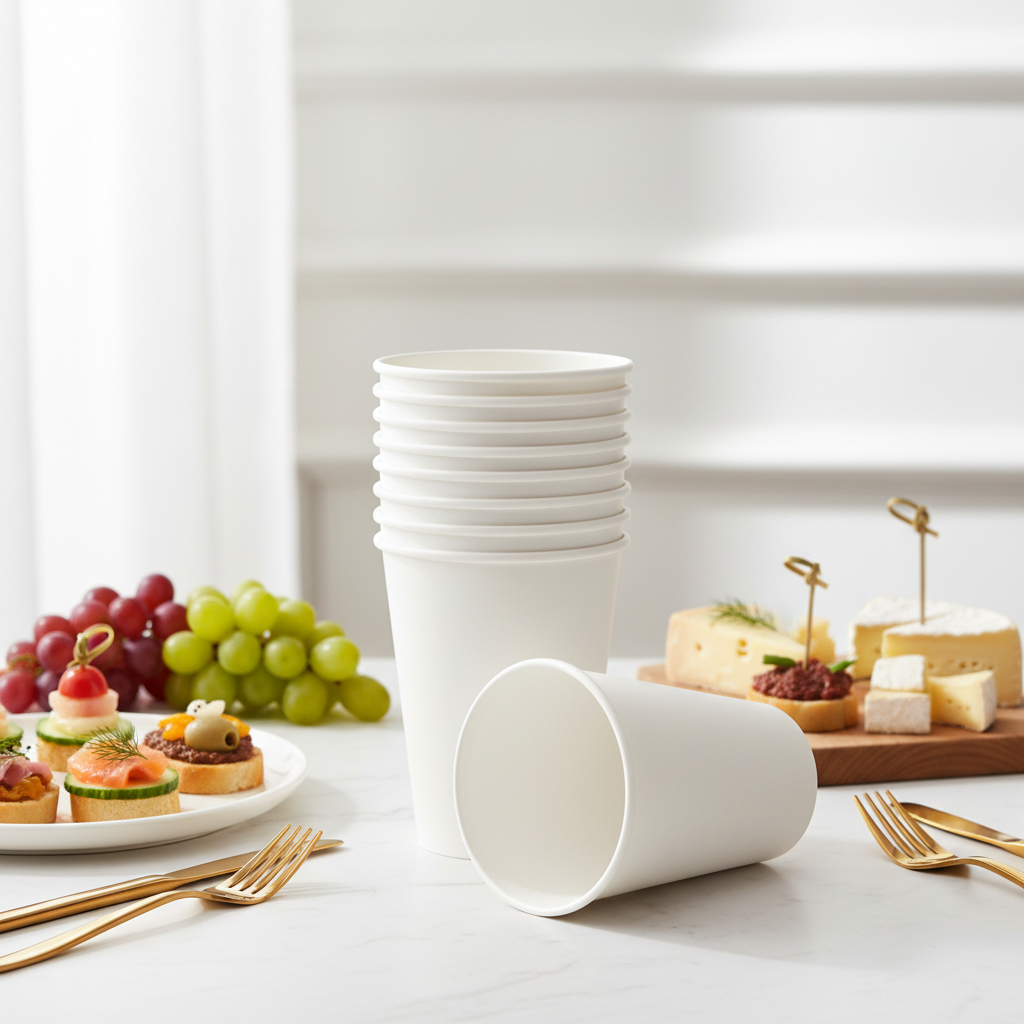 Gobelets carton kraft blanc sur marbre avec canapés et fromages