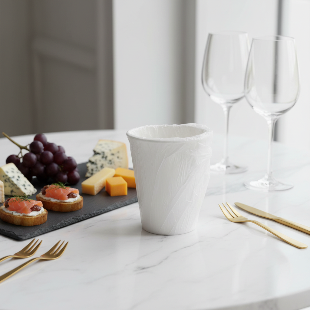 Gobelet carton emballage individuel sur marbre avec canapés et fromages