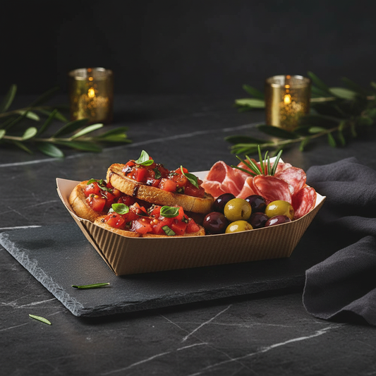 Barquette kraft naturelle sur ardoise avec amuse-bouches élégants