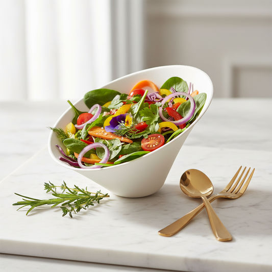 Bol conique bagasse blanc – mise en situation sur marbre avec salade