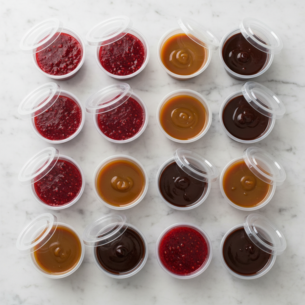 Pots coulis transparents avec couvercles sur marbre flat lay