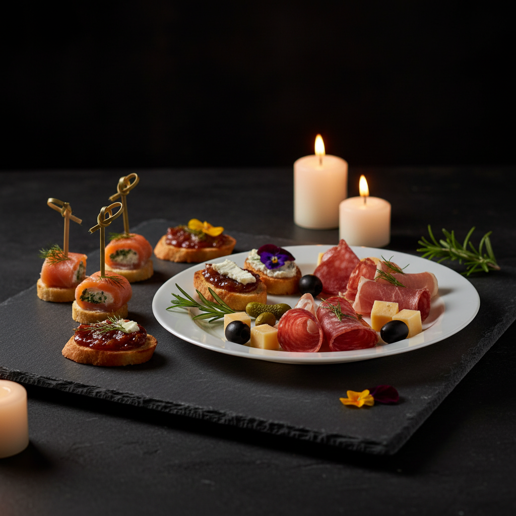 Assiette ronde blanc nacré 19cm sur ardoise avec canapés élégants