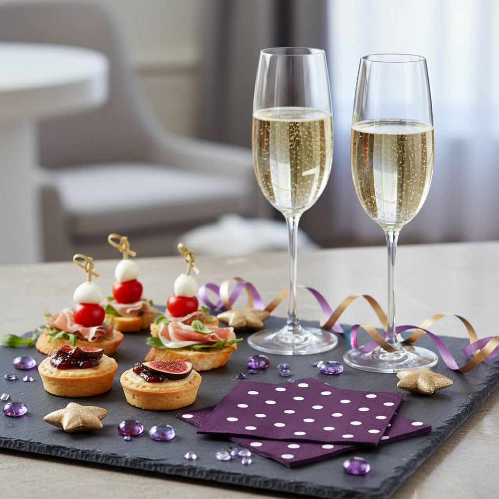 Serviette cocktail prune - mise en situation apéritif ardoise