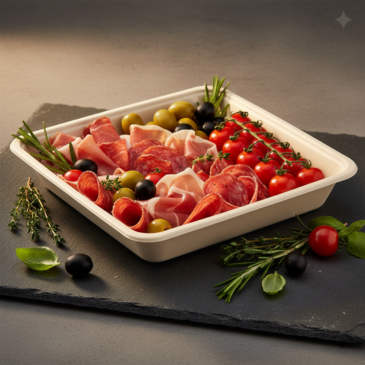 Barquette carrée bio en pulpe garnie de charcuterie et olives sur ardoise, contexte apéritif élégant
