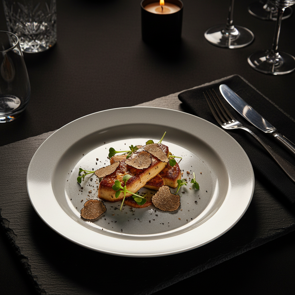 Assiette ronde argentée 24 cm avec foie gras truffe et microgreens sur ardoise, dîner gala premium