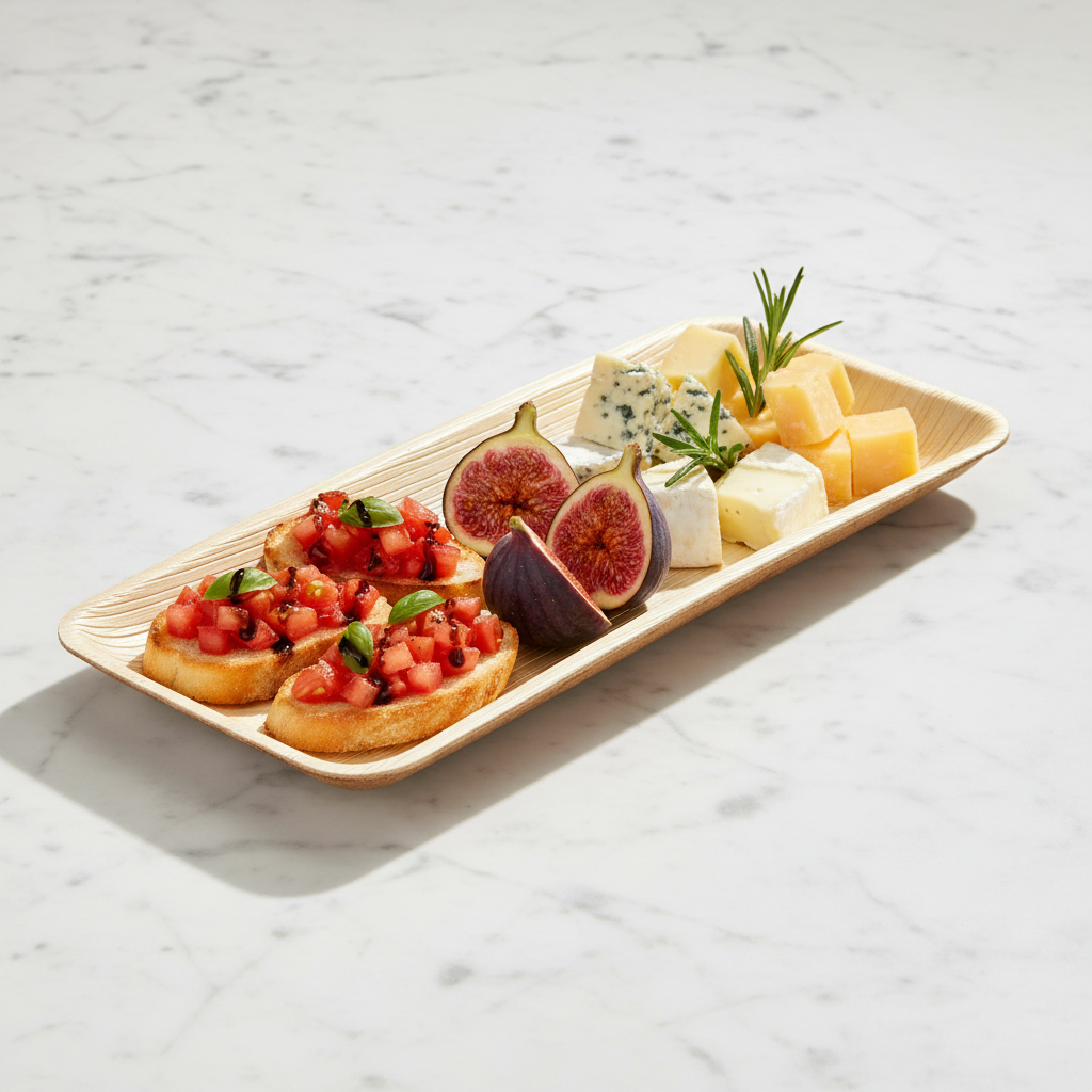 Assiette rectangulaire palmier 19x9cm sur marbre avec finger food