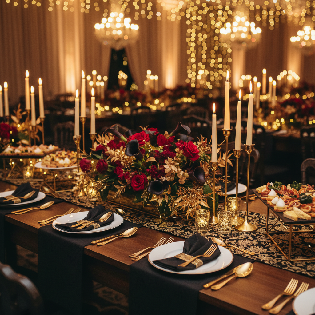 Serviettes noires biodégradables sur buffet mariage avec couverts dorés et bougies