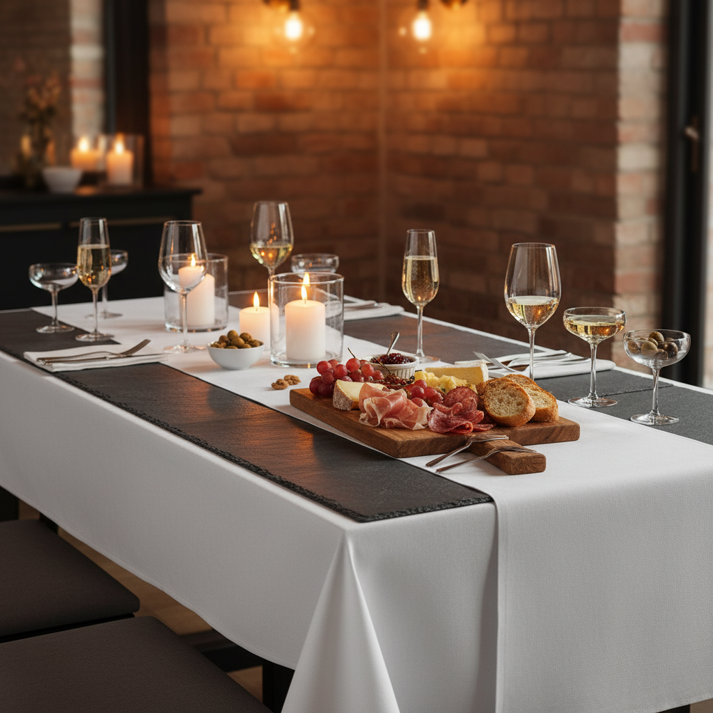 Nappe blanche sur table apéritif ardoise élégant