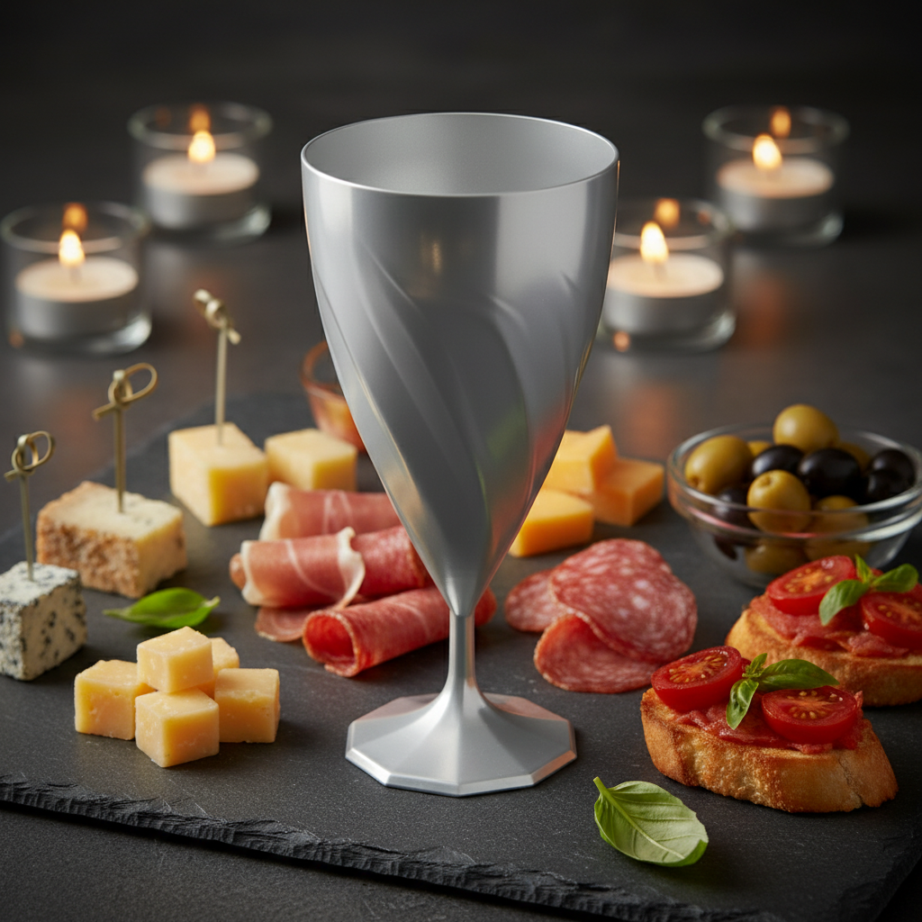 Verre à eau torsadé argent 20cl sur ardoise avec charcuterie et bougies
