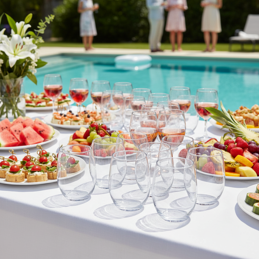 Verres Tritan 39cl sur buffet festif extérieur piscine