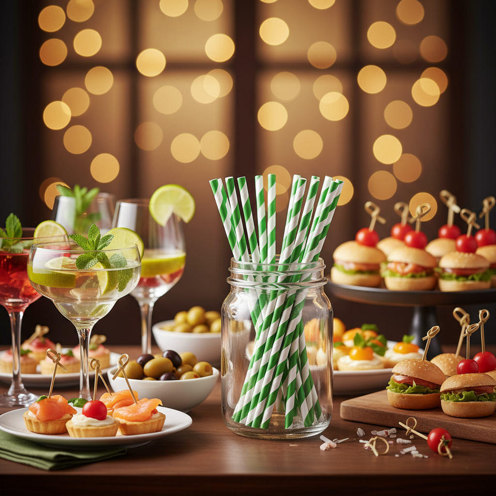 Pailles vert et blanc buffet festif
