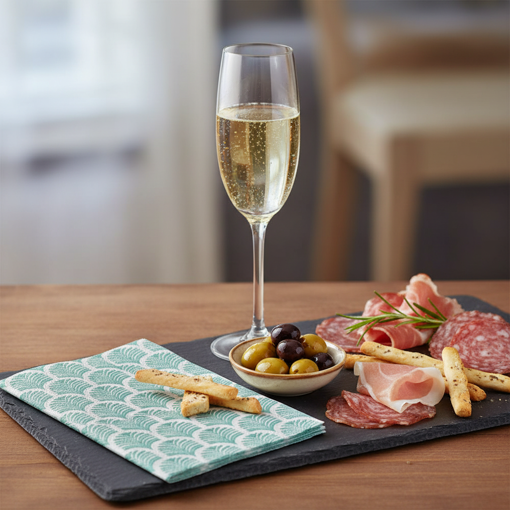 Serviette Paviot palmette vert sur ardoise apéritive avec champagne