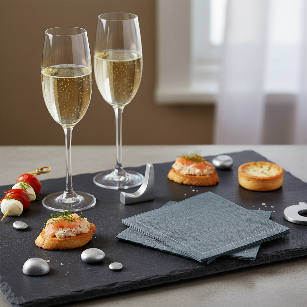 Serviette effet chiné bleu-gris - mise en situation apéritif ardoise