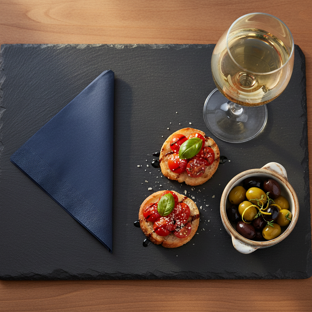 Serviette bleu marine sur ardoise - apéritif élégant