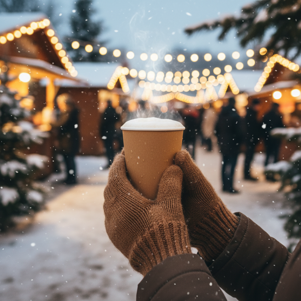 Gobelet carton kraft brun 30/35cl avec boisson chaude au marché de Noël