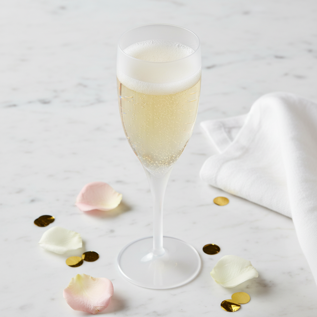 Flûte champagne SAN blanc nacré sur marbre festif luxe