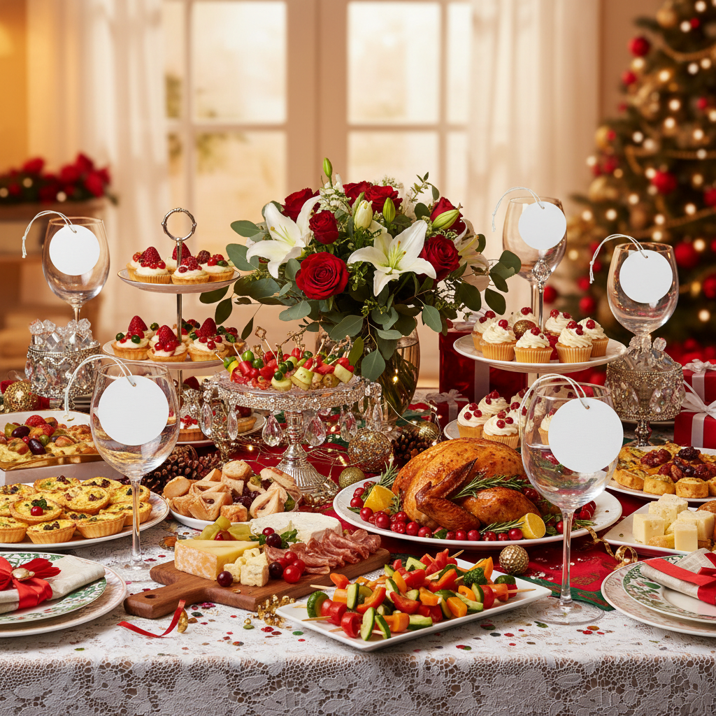 Marque-place bois rond buffet festif