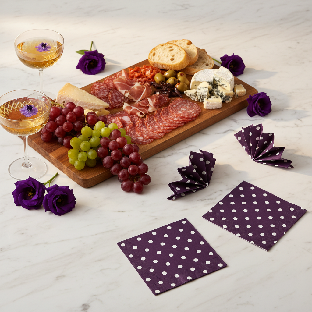 Serviette cocktail prune - mise en situation marbre