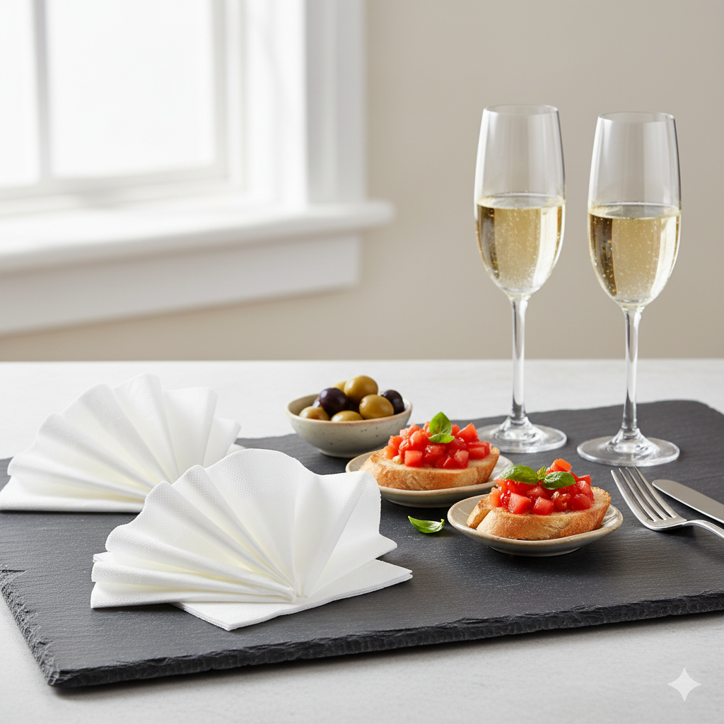 Serviette blanche intissée - mise en situation apéritif ardoise