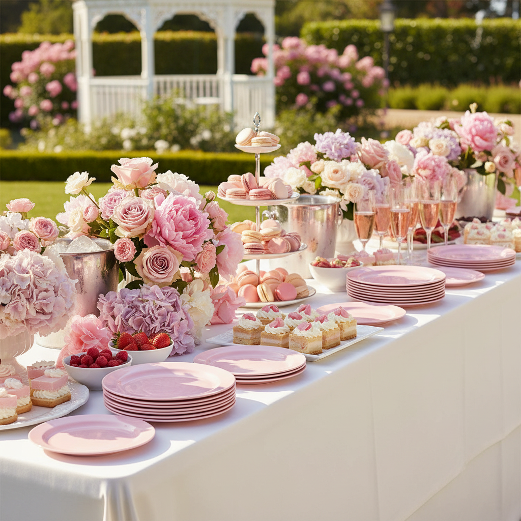 Assiettes rondes rose pastel 24 cm sur buffet garden party avec champagne et fleurs roses