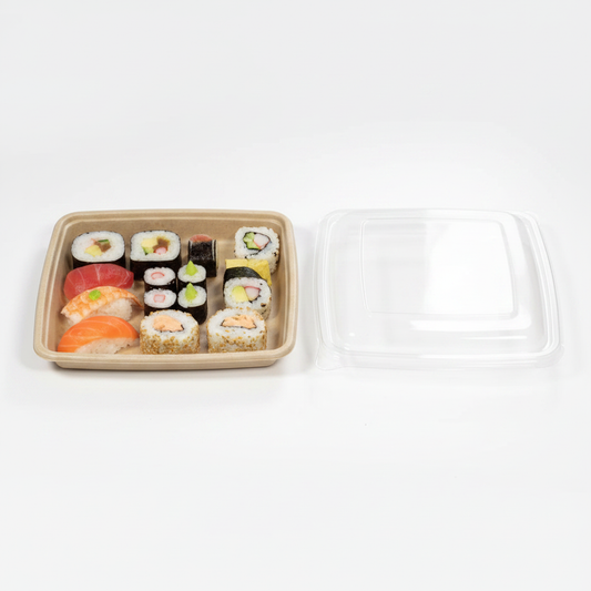 Barquette be pulp carrée 23x23 cm 1400 ml avec couvercle, photo studio fond blanc, packshot produit