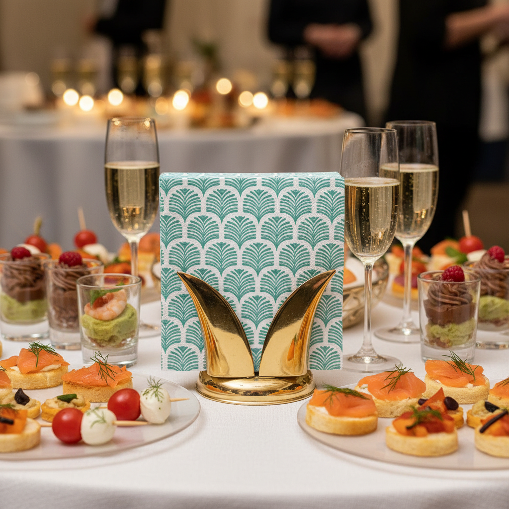 Serviette Paviot palmette vert dans un buffet festif élégant