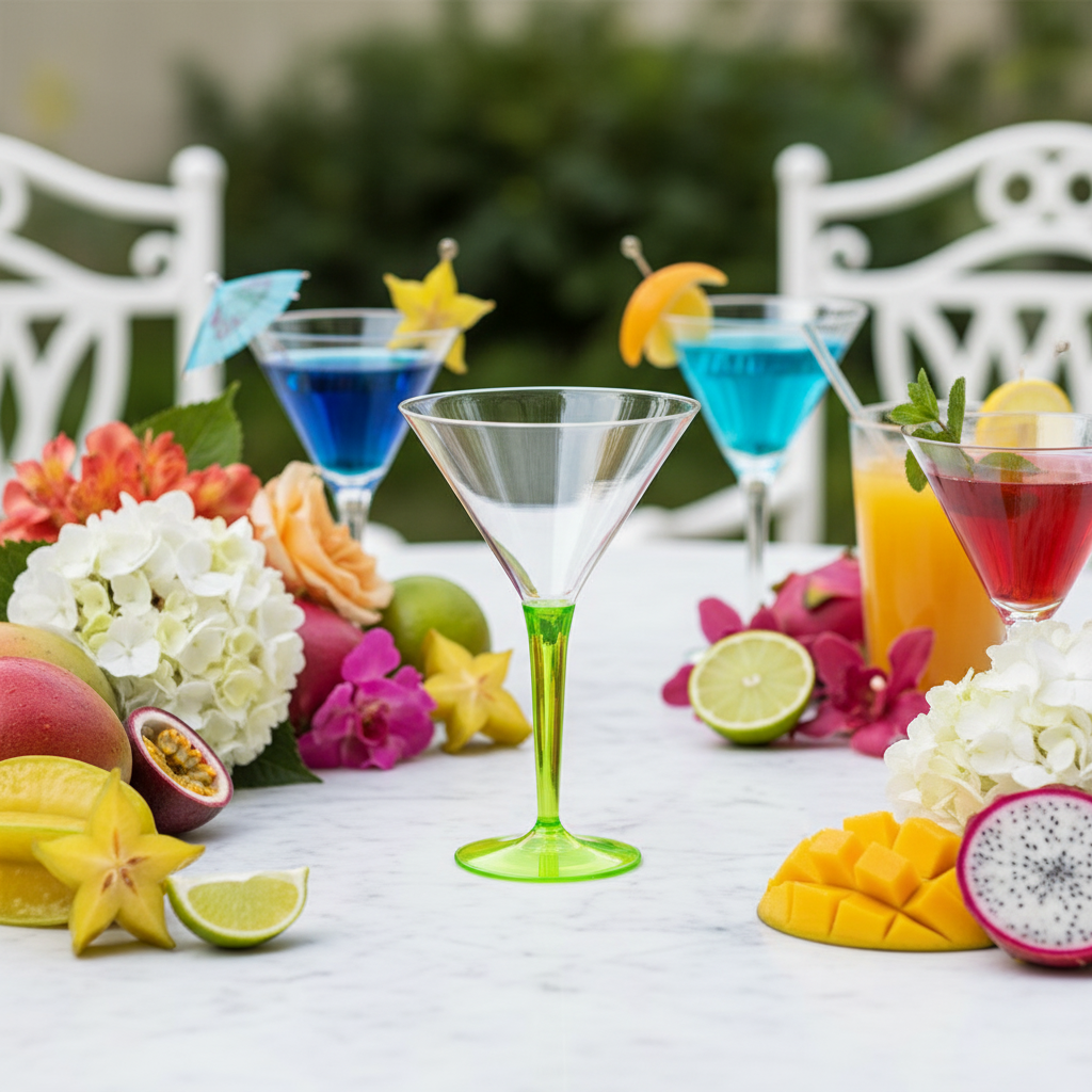 Verre à cocktail pied vert anis 7cl sur marbre avec fleurs et fruits tropicaux