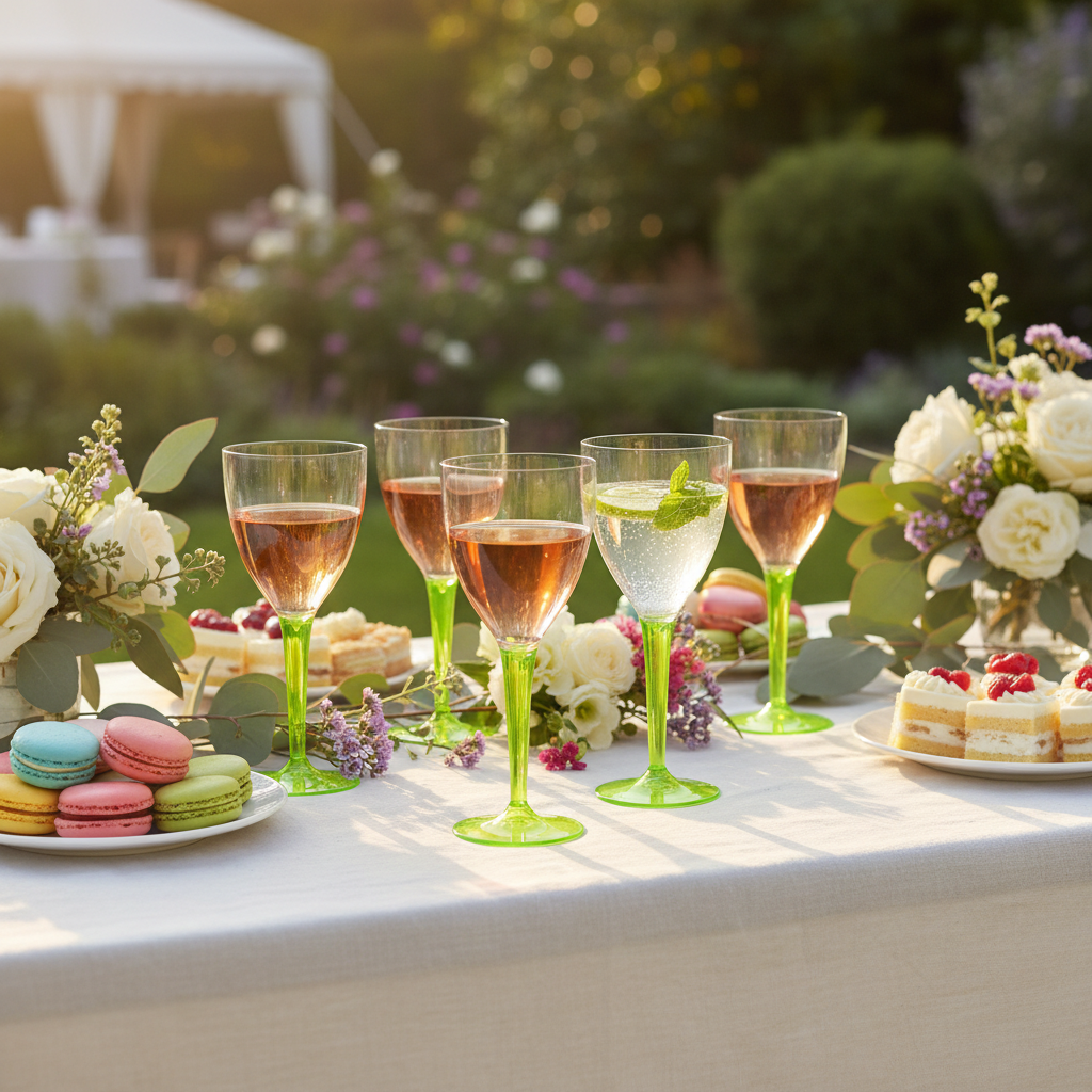 Verres à pied vert anis buffet festif mariage extérieur