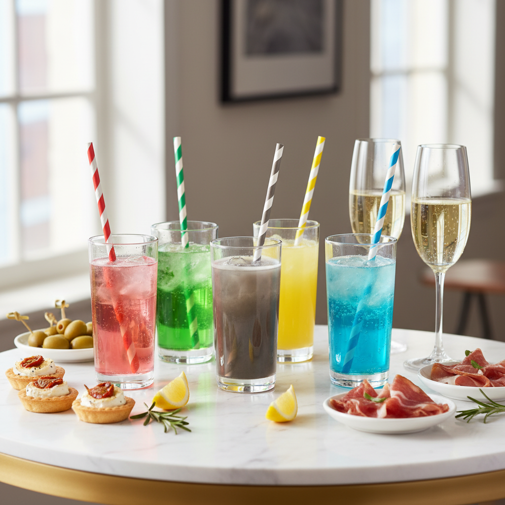 Pailles colorées sur marbre blanc apéritif chic