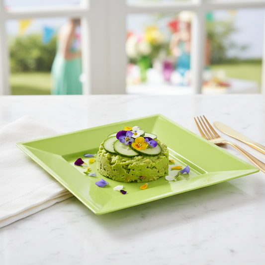 Assiette carrée vert anis 18 cm avec guacamole concombre et fleurs comestibles sur marbre, apéritif estival