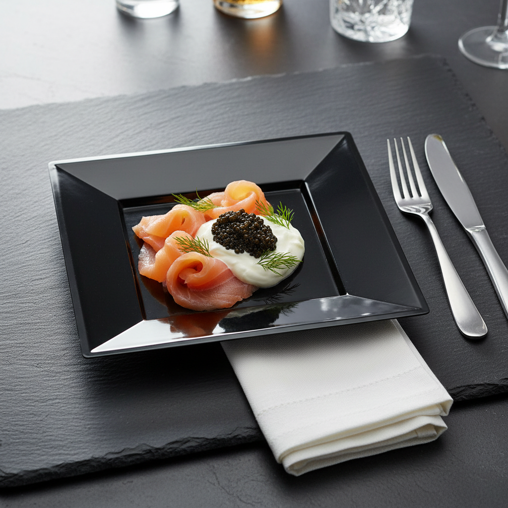 Assiette carrée noire 24 cm avec saumon fumé caviar et crème fraîche sur ardoise, cocktail premium
