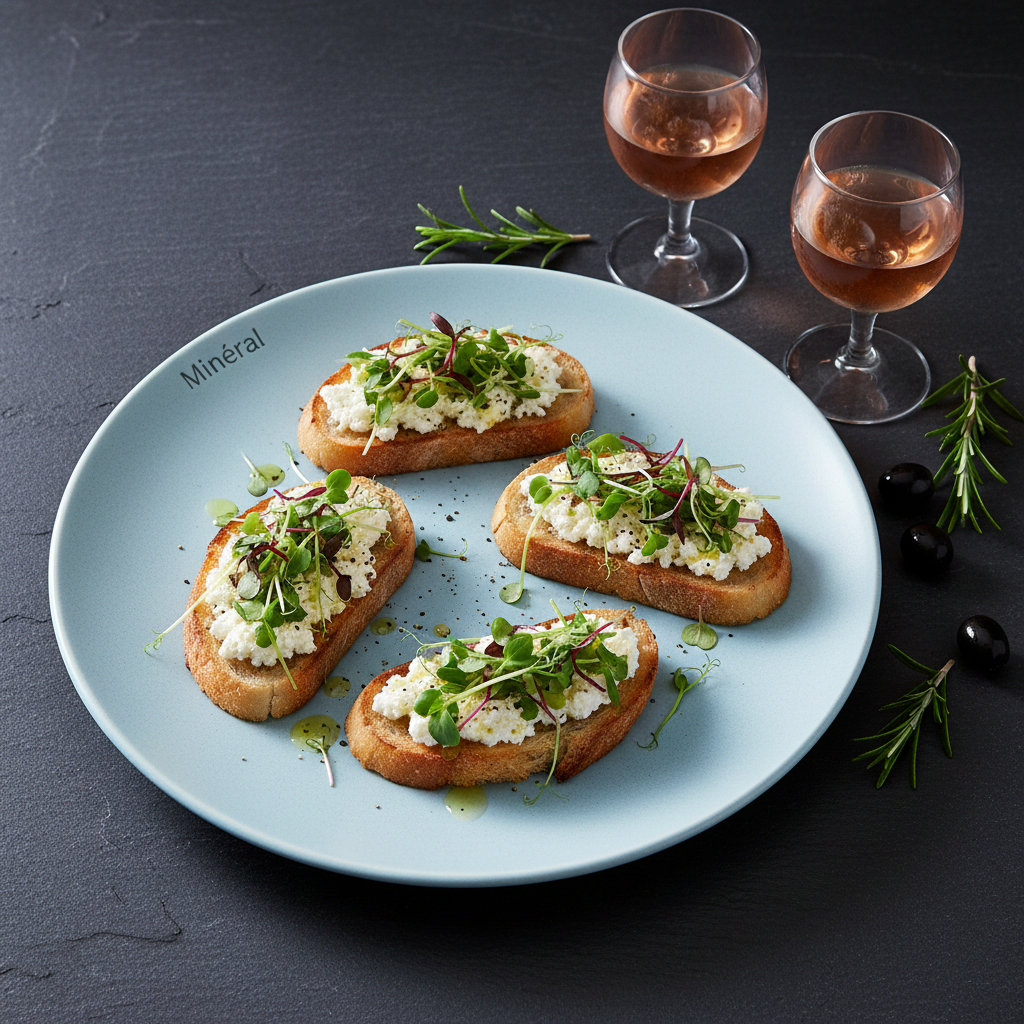Petite assiette plate Minéral bleue 20.8cm avec bruschetta sur ardoise