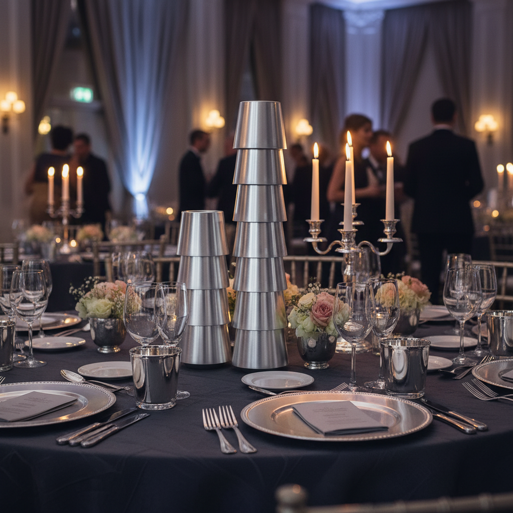 Tasses GM Lux by Starck 20cl argent empilées sur table de gala