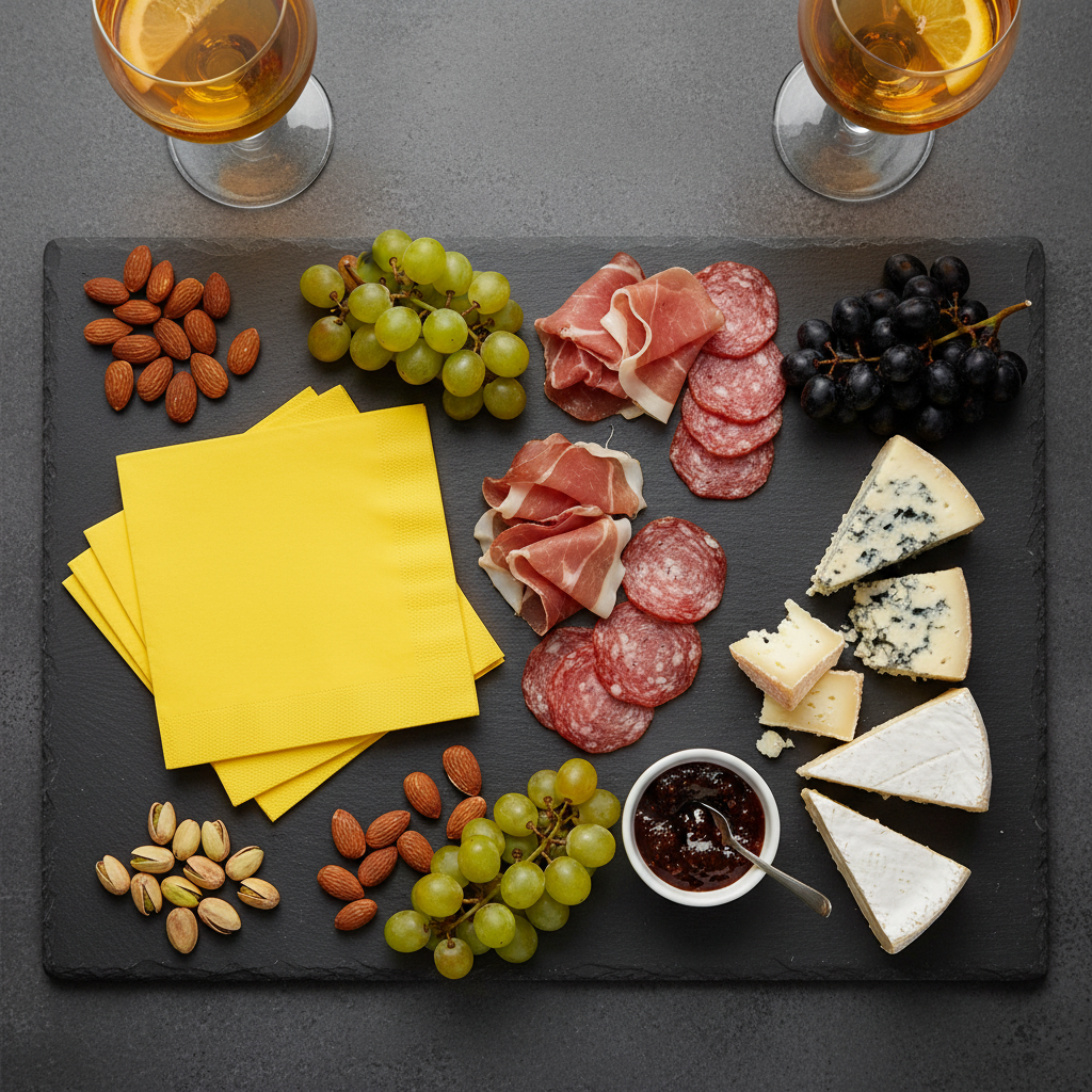 Serviettes jaune soleil sur ardoise apéritif