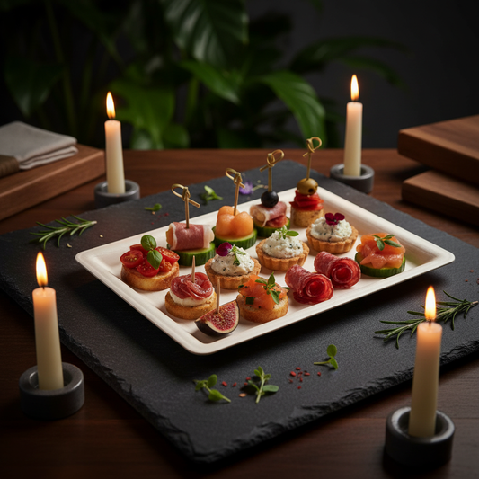 Assiette rectangulaire canne à sucre 20x15cm sur ardoise avec canapés élégants
