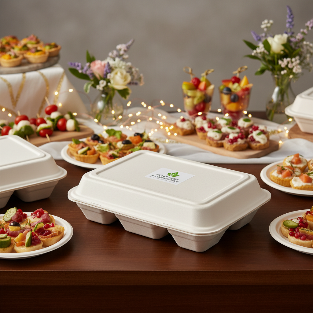 Couvercle écologique pour plateau 5 compartiments sur buffet festif avec apéritifs colorés