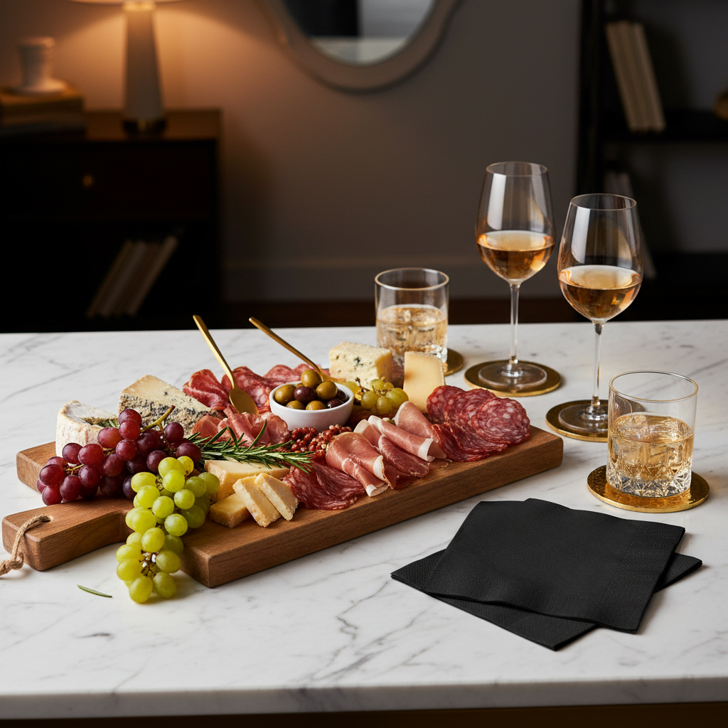 Serviette cocktail noire - mise en situation marbre