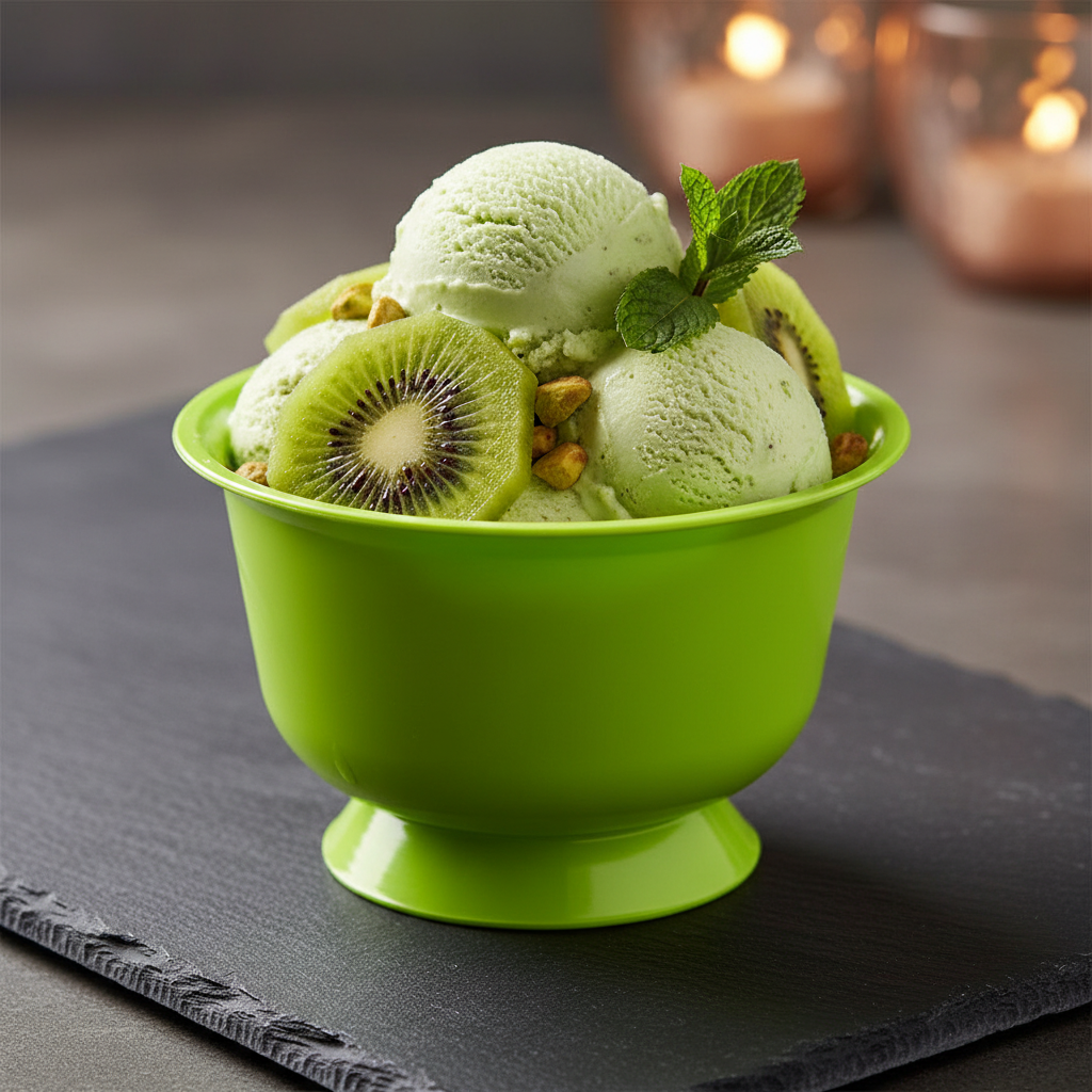 Coupe dessert vert anis glace pistache kiwi élégant