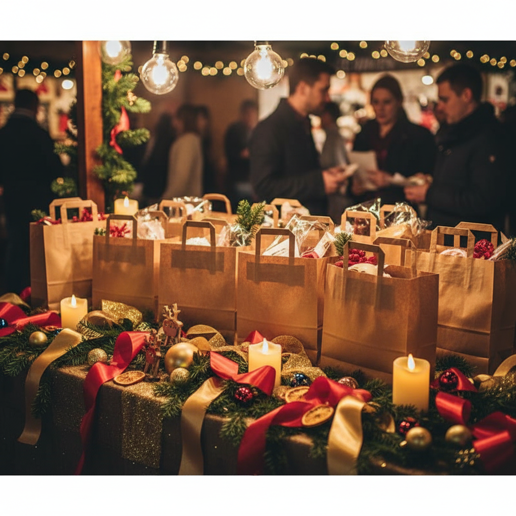 Sacs kraft anses plates sur stand festif
