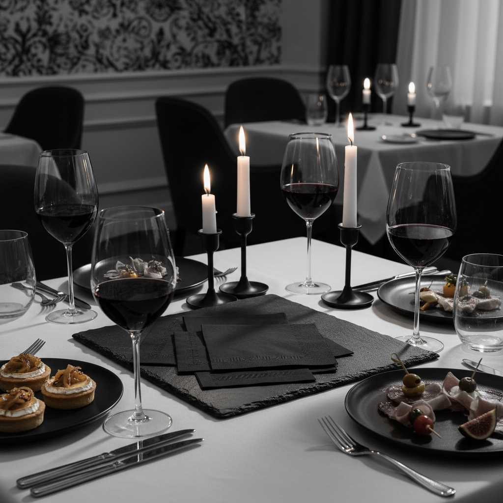 Serviettes noires biodégradables pliées sur ardoise avec verres et amuse-bouches