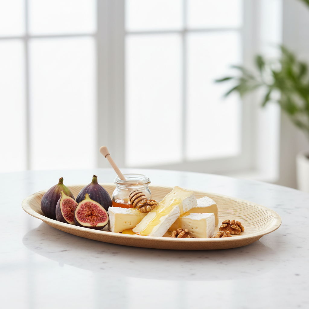 Plateau ovale en feuille de palmier biodégradable 30x20cm avec fromage et figues sur marbre