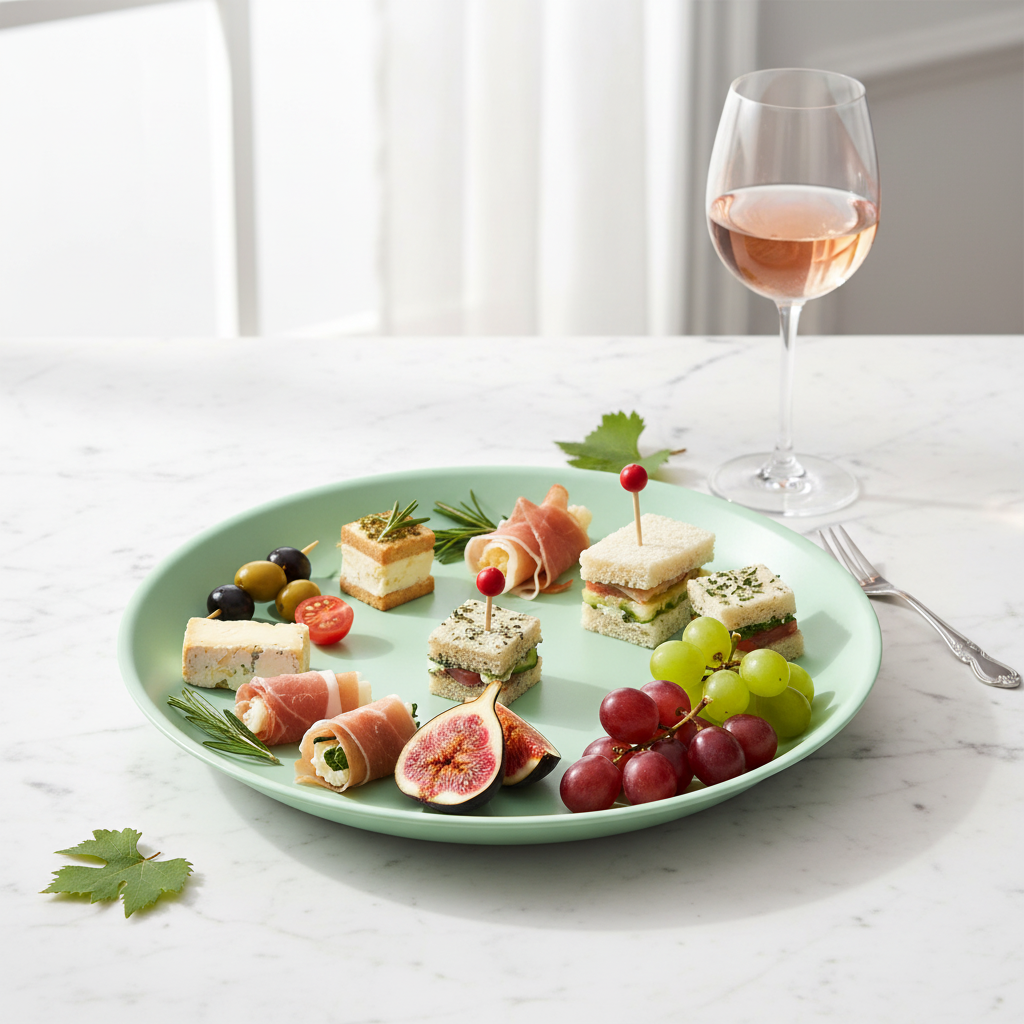 Assiette vert d'eau sur marbre avec apéritif raffiné