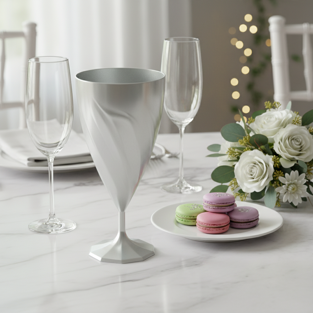 Verre à eau torsadé argent 20cl sur marbre blanc avec fleurs et macarons